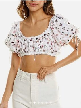 For Love & Lemons White Floral Puff-Sleeve Crop Top